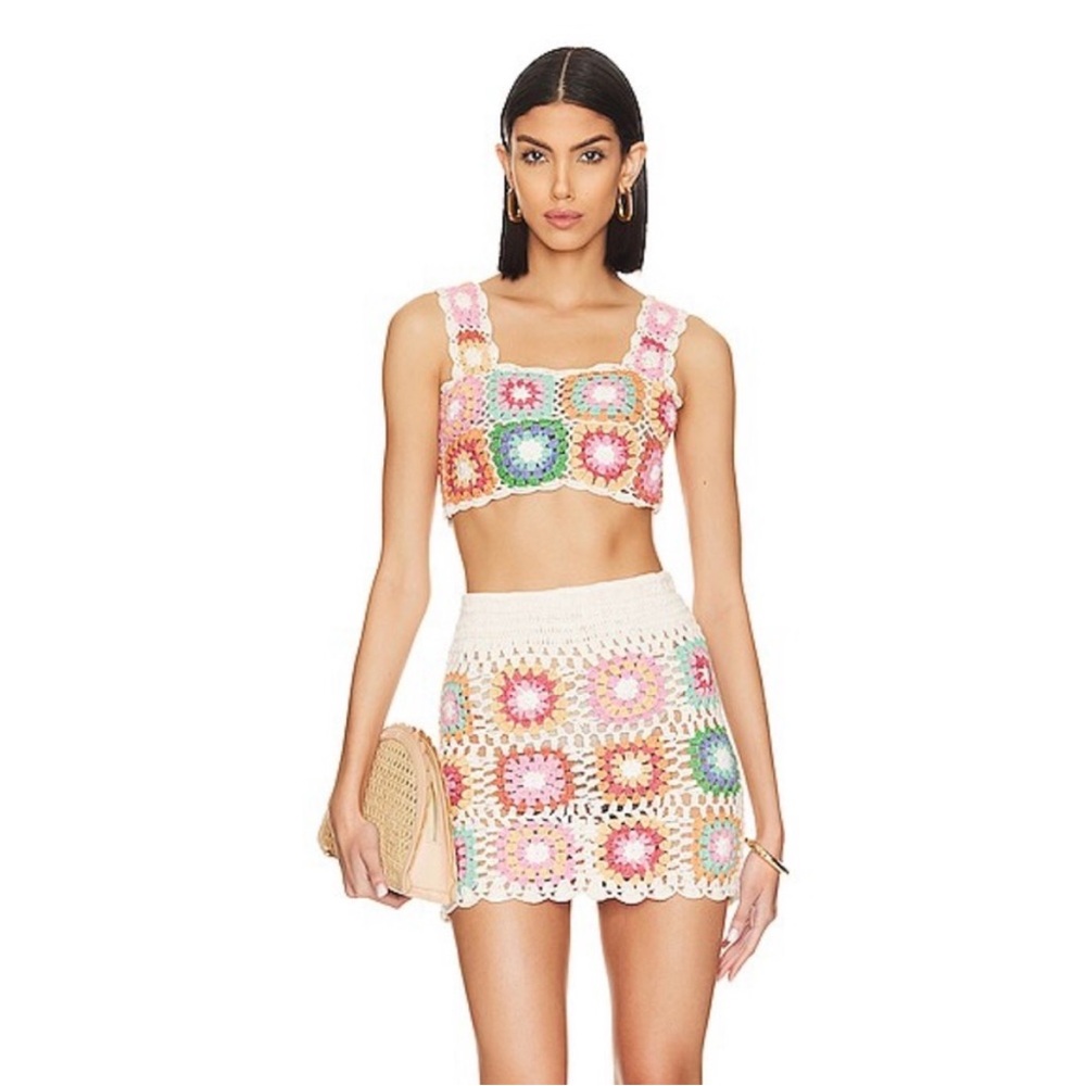Beach Riot Crochet Mini Skirt in Cream with Pink, Green & Coral Motifs